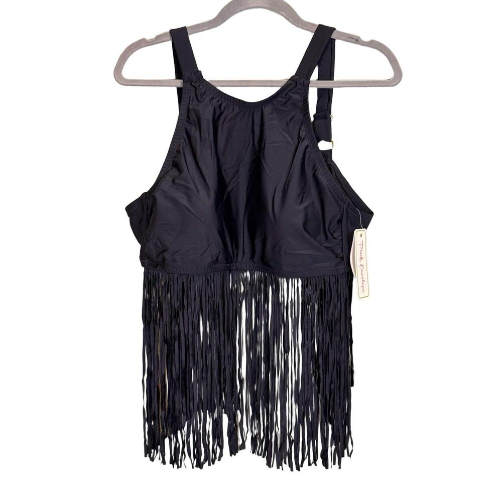 Pink‎ Envelope Bikini Top Womens Size 1X Black Fringe Adjustable Bohemian